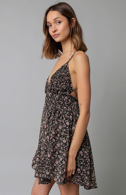 olivaceous black and pink floral mini dress