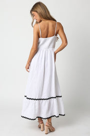 olivaceous white midi dress with black trim