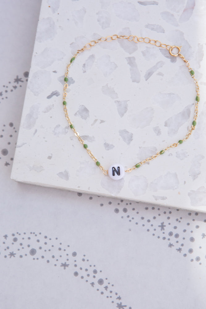 May Martin Enamel Bracelet with Initial in Green