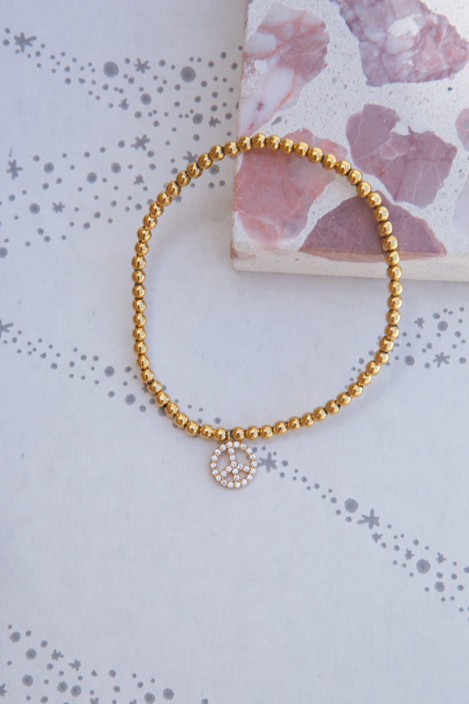 May Martin Gold Beaded Bracelet with Peace Sign